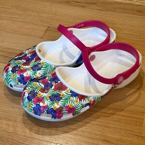 Crocs Mary Jane Flowery Summer White & Pink Sandals Shoes Slides Women's Sz 10